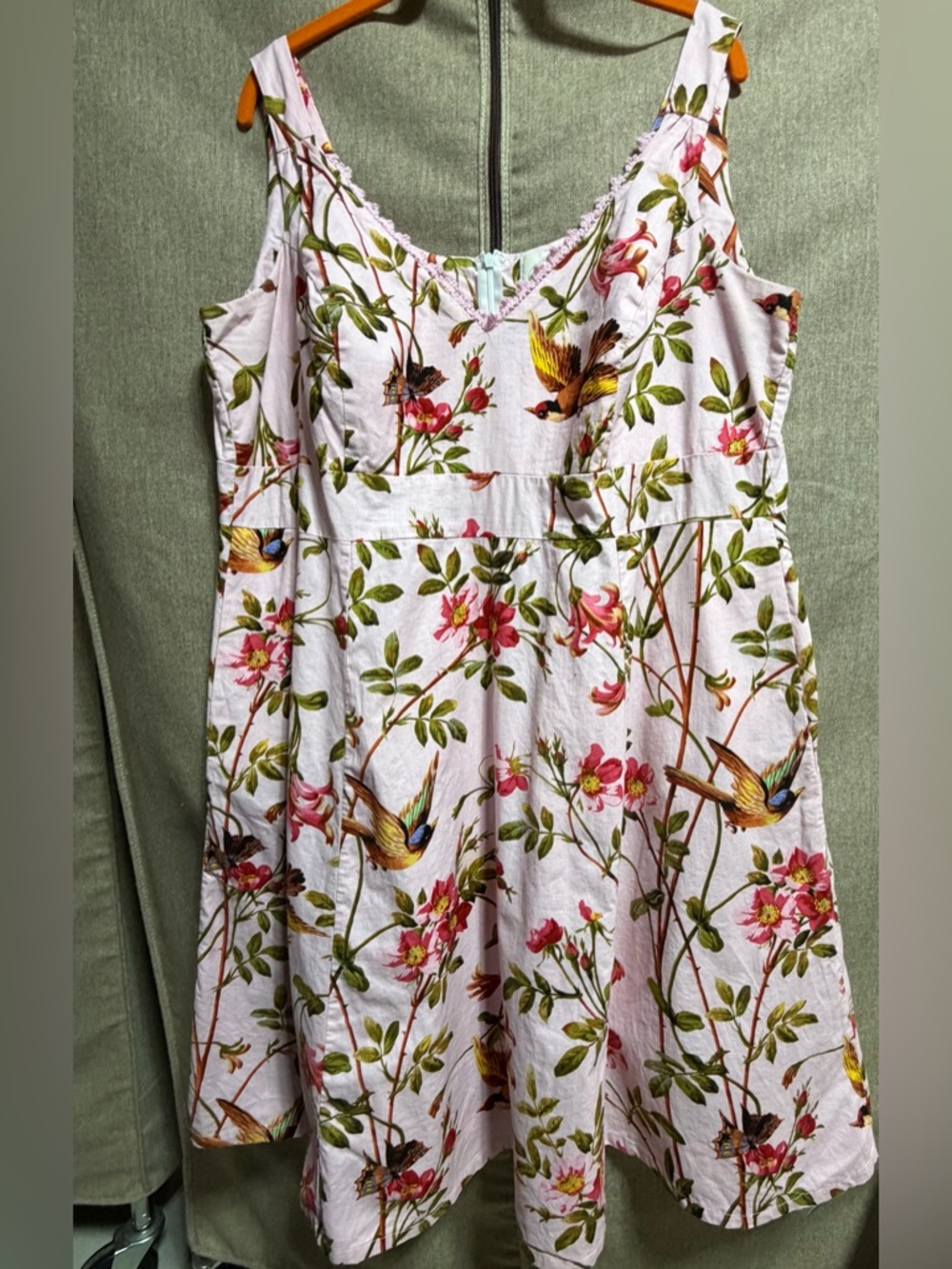 Cherry Velvet Floral Bird Print Pink V-Neck Midi Dress w/pockets 1X